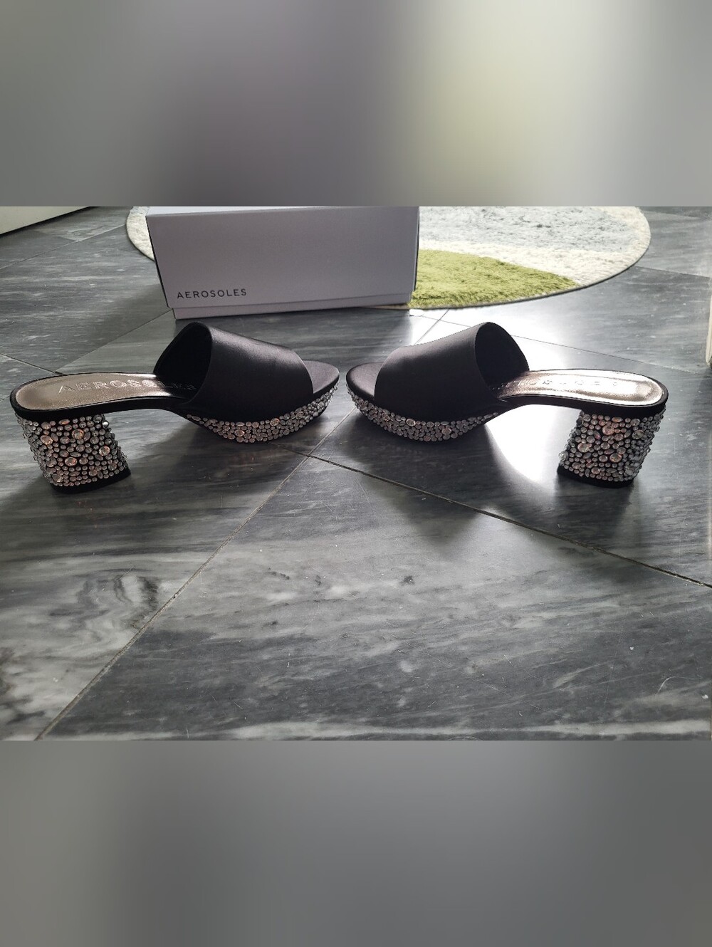 Aerosoles Black Satin Slide Sandals with Crystal Embellishments 8.5 - Picture 3 of 9